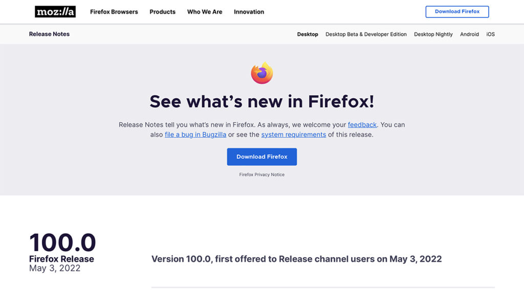 Firefox version100　正式版リリース